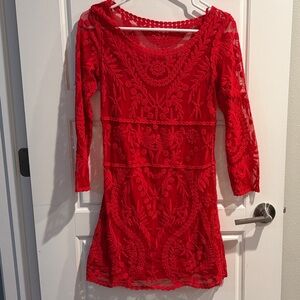 Express Red Lace Long Sleeve Dress